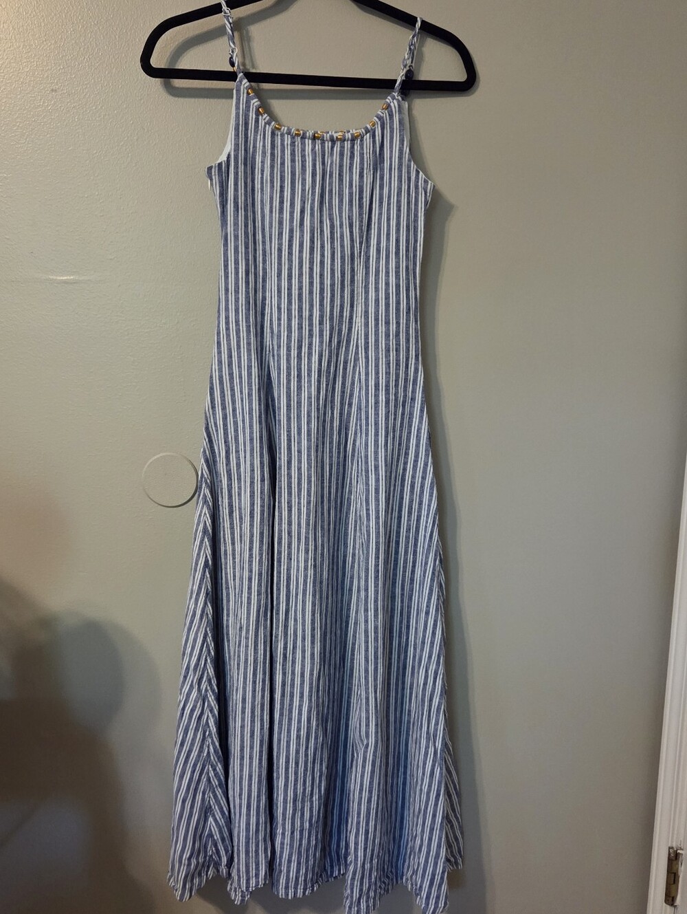 Calypso St Barth Women's Linen Blend Blue Stripe Beaded Maxi Dress Pockets XXS - Picture 3 of 10